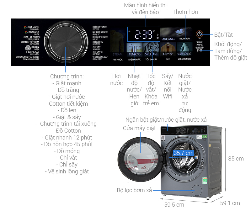Máy giặt sấy Toshiba Inverter giặt 13 kg - sấy 8 kg TWD-T25BZP140MWV(MG)