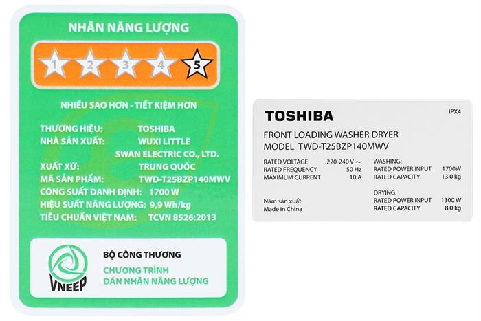 Máy giặt sấy Toshiba Inverter giặt 13 kg - sấy 8 kg TWD-T25BZP140MWV(MG) Màu Xám đậm