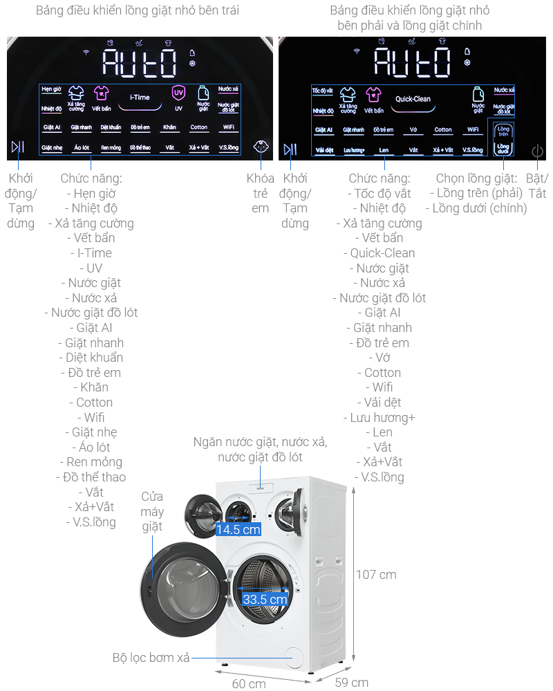 Máy giặt Haier 3 lồng MultiWash Inverter 14 kg (12 kg + 2x1 kg) HW140-BD14697WU1