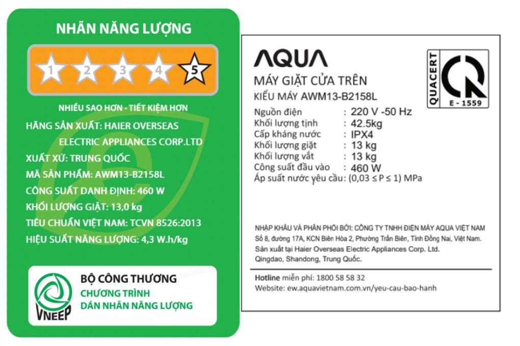 Máy giặt Aqua Inverter 13 kg AWM13-B2158L(B) Màu Đen