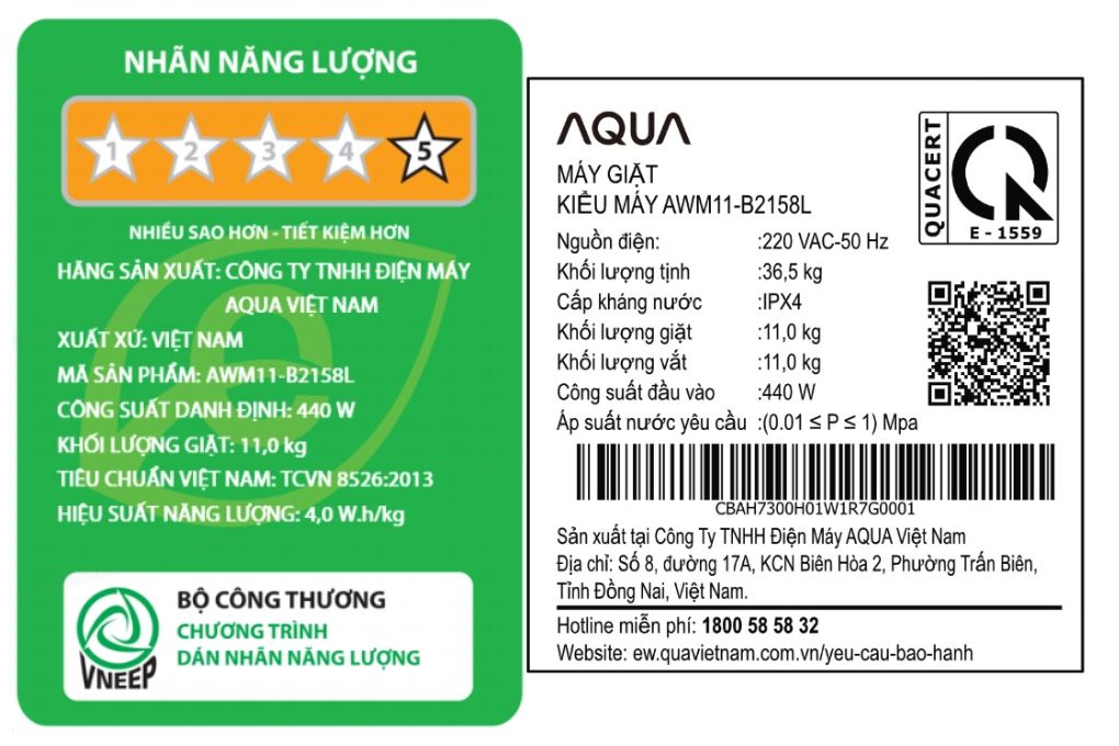 Máy giặt Aqua Inverter 11 kg AWM11-B2158L(B) Màu Đen