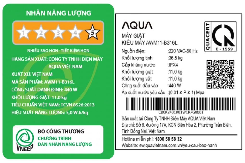 Máy giặt Aqua Inverter 11 kg AWM11-B316L(B) Màu Đen