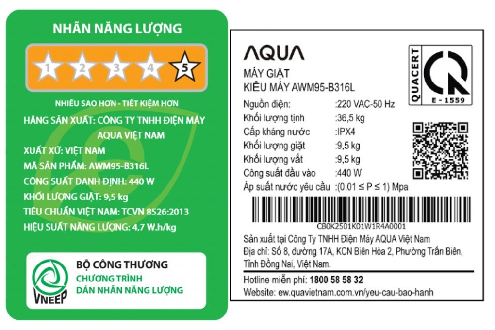 Máy giặt Aqua Inverter 9.5 kg AWM95-B316L(B) Màu Đen