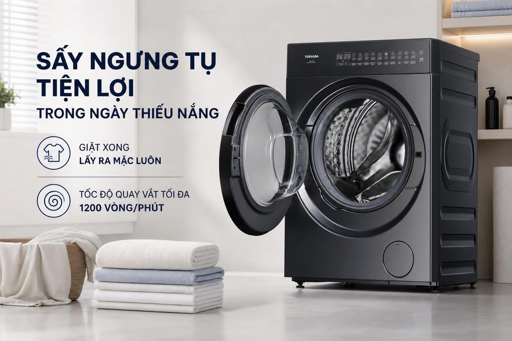 Sấy ngưng tụ tiện lợi trong ngày thiếu nắng - Máy giặt sấy Toshiba Inverter giặt 15 kg - sấy 9 kg TWD-T35BP160MWV(MG)