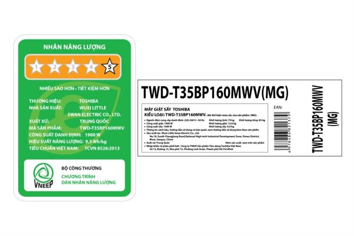 Máy giặt sấy Toshiba Inverter giặt 15 kg - sấy 9 kg TWD-T35BP160MWV(MG) Màu Xám đậm