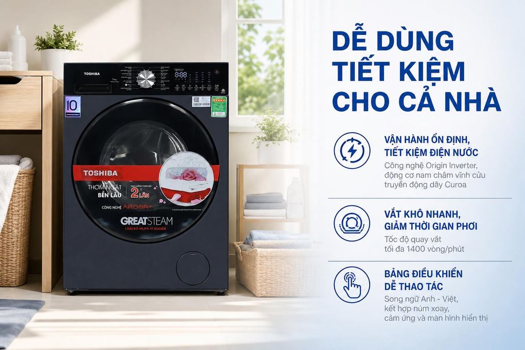 Máy giặt Toshiba Inverter 11 kg TW-T33B120UWV(MK) - Dễ sử dụng và hỗ trợ tiết kiệm điện nước