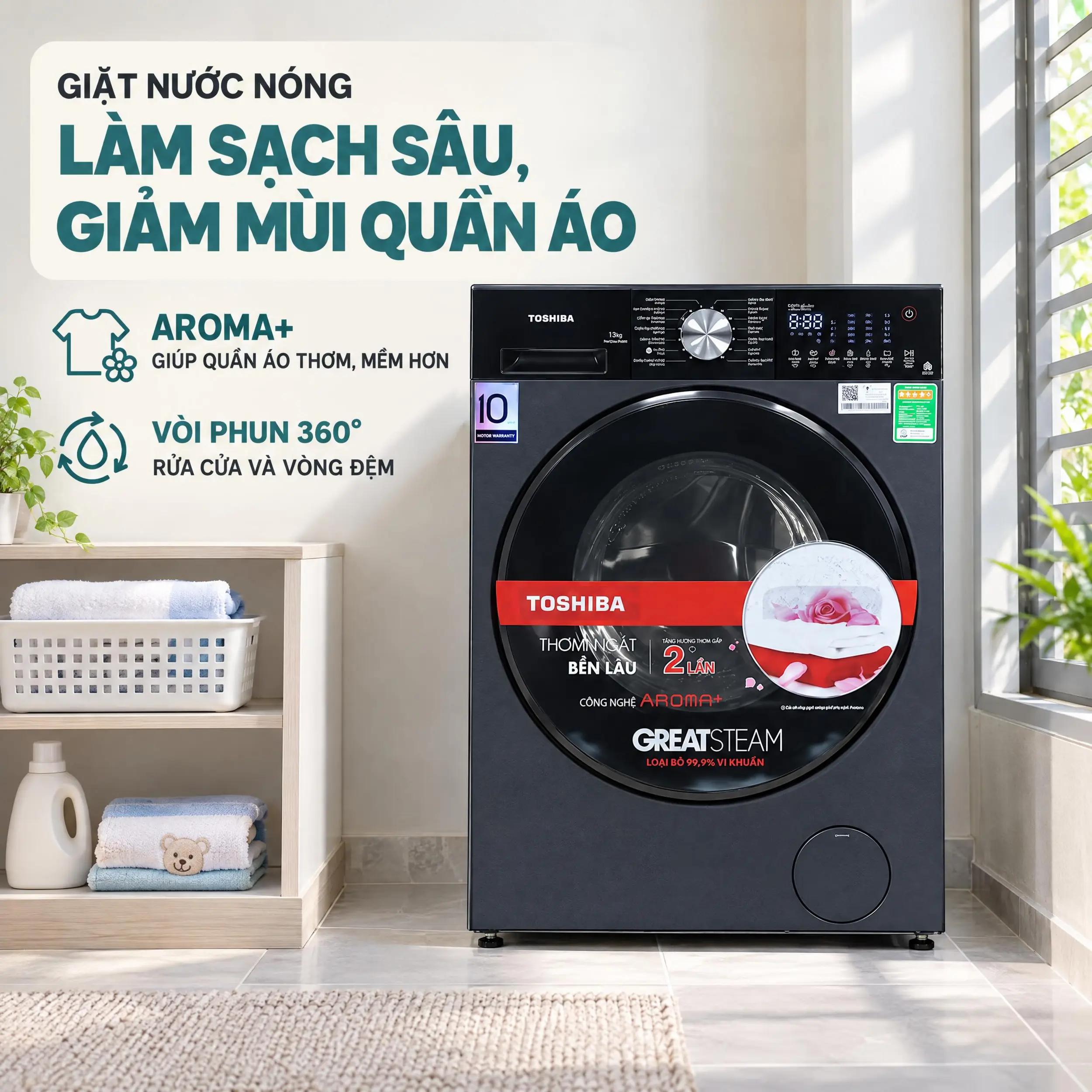 Máy giặt Toshiba Inverter 13 kg TW-T33B140UWV(MK) - Công nghệ giặt nước nóng
