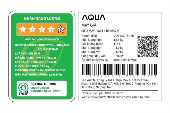 Máy giặt Aqua Inverter 11 kg AW11-BP4657M(B) Màu Đen