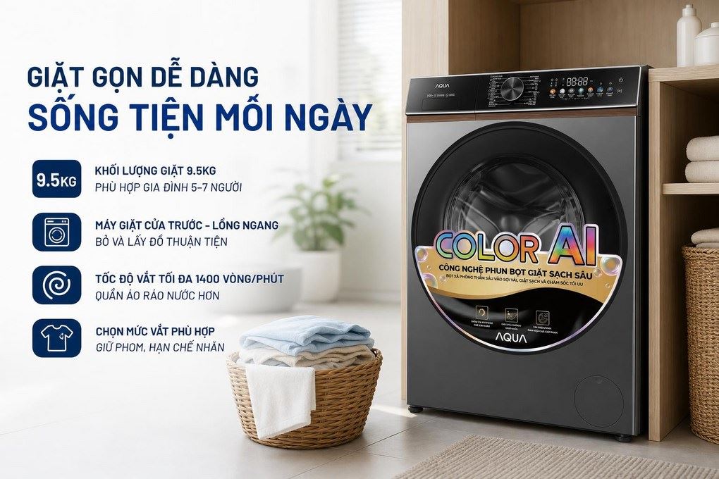 Máy giặt Aqua Inverter 9.5 kg AW95-BP4657M(B) - Khối lượng giặt phù hợp gia đình Máy giặt Aqua Inverter 9.5 kg AW95-BP4657M(B) - Khối lượng giặt phù hợp gia đình