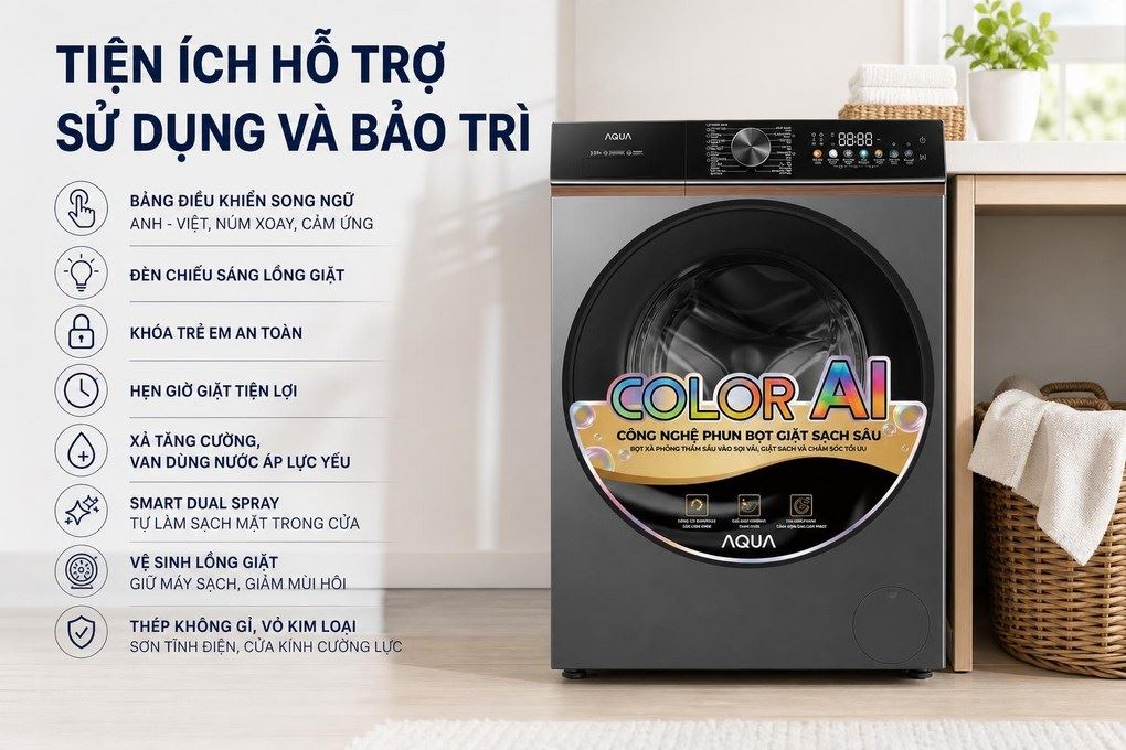 Máy giặt Aqua Inverter 9.5 kg AW95-BP4657M(B) - Tiện ích hỗ trợ sử dụng và bảo trì Máy giặt Aqua Inverter 9.5 kg AW95-BP4657M(B) - Tiện ích hỗ trợ sử dụng và bảo trì
