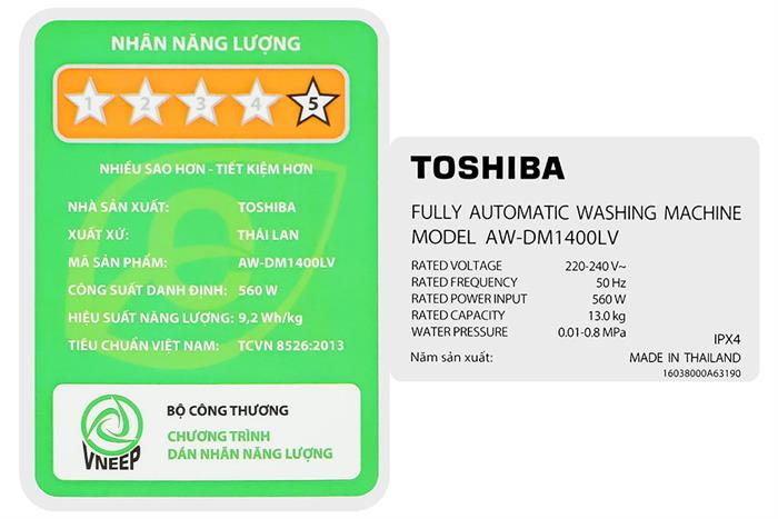Máy giặt Toshiba Inverter 13 kg AW-DM1400LV(MK) Màu Đen
