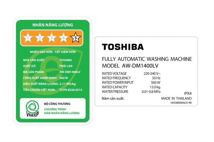 Máy giặt Toshiba Inverter 13 kg AW-DM1400LV(MK) Màu Đen