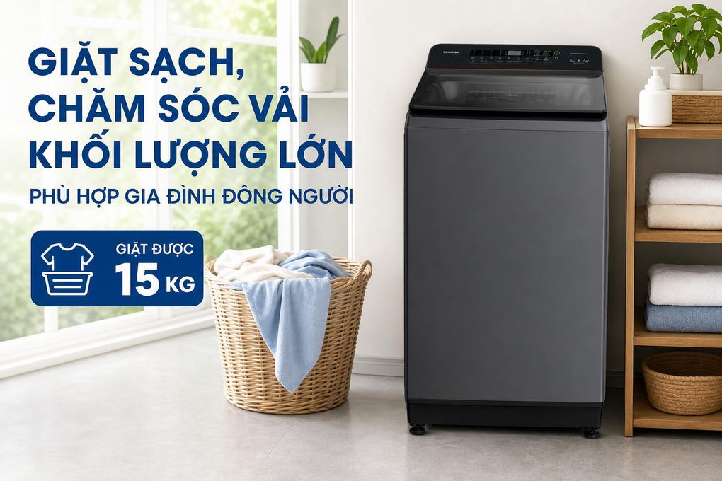 Máy giặt Toshiba Inverter 15 kg AW-T26D1600XV(MG) - Giặt sạch, chăm sóc vải khối lượng lớn phù hợp gia đình đông người Máy giặt Toshiba Inverter 15 kg AW-T26D1600XV(MG) - Giặt sạch, chăm sóc vải khối lượng lớn phù hợp gia đình đông người