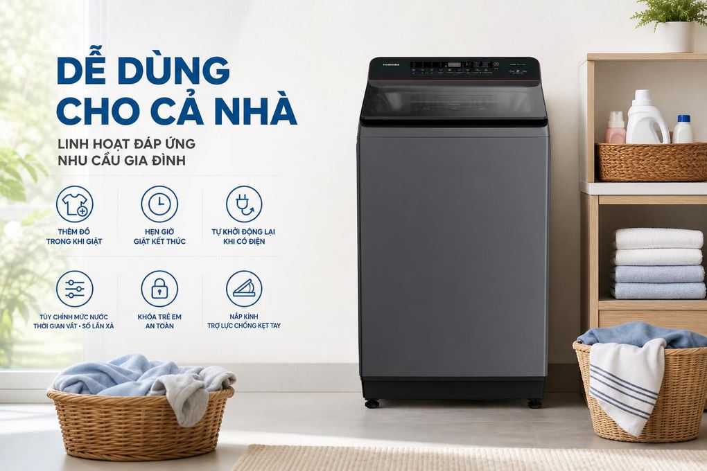 Máy giặt Toshiba Inverter 15 kg AW-T26D1600XV(MG) - Dễ dùng, linh hoạt đáp ứng nhu cầu gia đình Máy giặt Toshiba Inverter 15 kg AW-T26D1600XV(MG) - Dễ dùng, linh hoạt đáp ứng nhu cầu gia đình