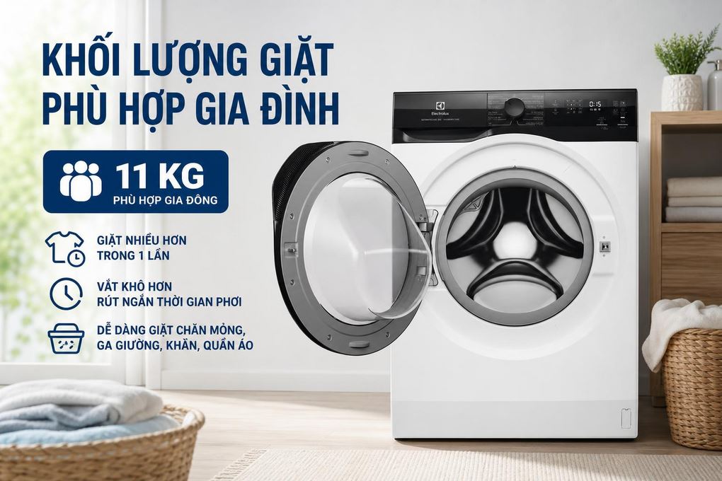 Khối lượng giặt phù hợp gia đình - Máy giặt Electrolux UltimateCare 300 Inverter 11 kg EWF1124D3EC