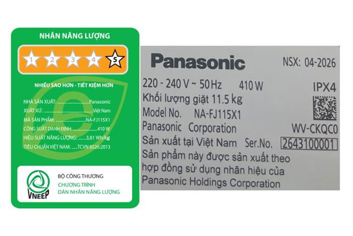 Máy giặt Panasonic Inverter 11.5 kg NA-FJ115X1BV Màu Đen