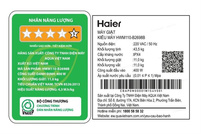 Máy giặt Haier Inverter 11 kg HWM110-B2698B Màu Đen