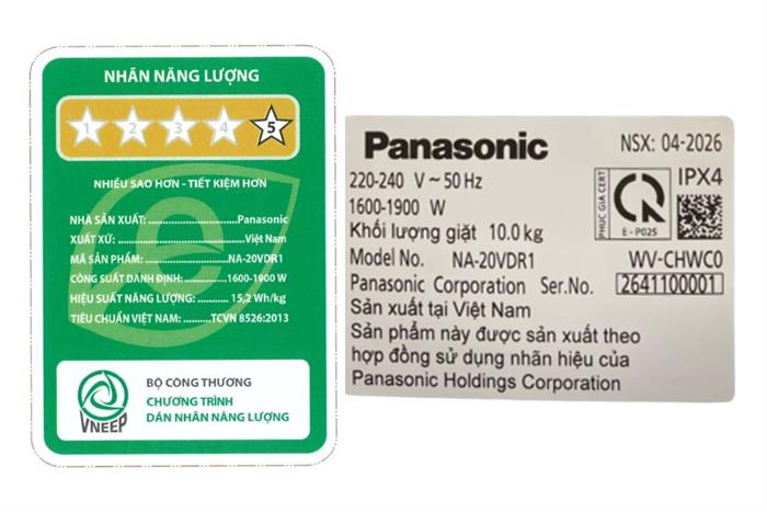 Máy giặt Panasonic Inverter 10 Kg NA-20VDR1BVT Màu Đen