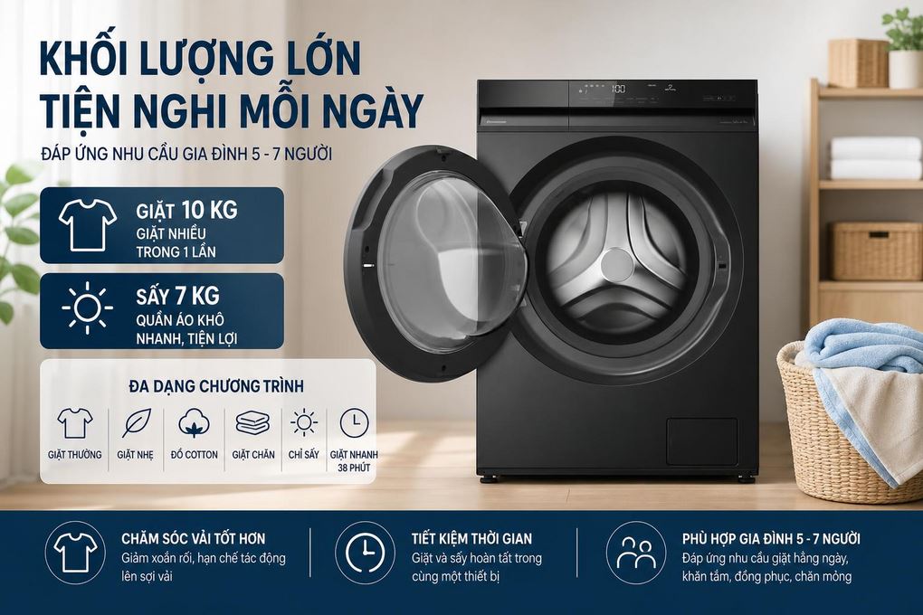 Máy giặt sấy Panasonic Inverter giặt 10 kg - sấy 7 kg NA-S20DG1BVT Màu Đen