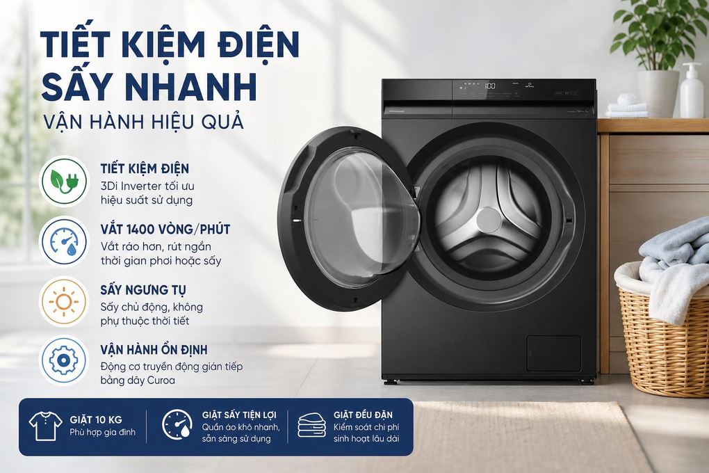 Máy giặt sấy Panasonic Inverter giặt 10 kg - sấy 7 kg NA-S20DG1BVT Màu Đen