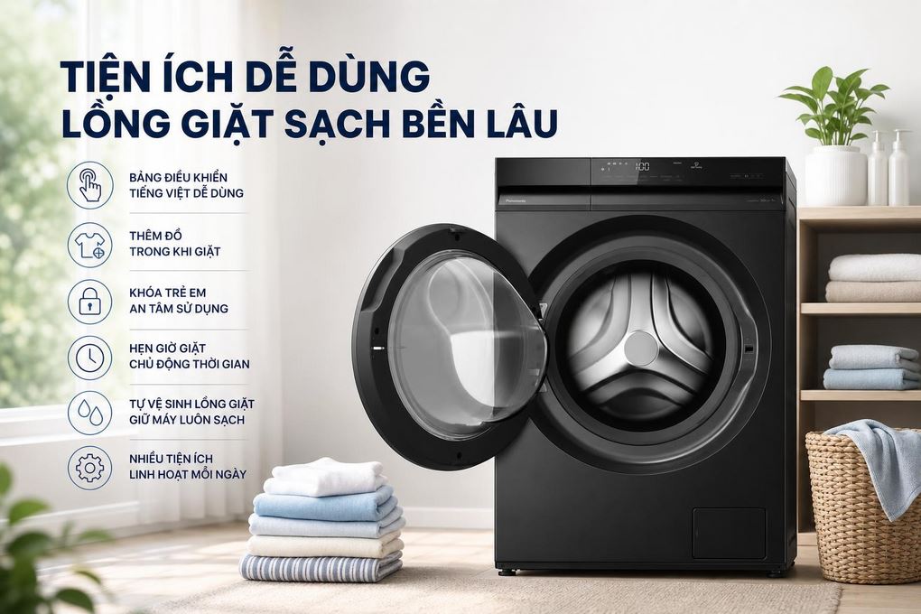 Máy giặt sấy Panasonic Inverter giặt 10 kg - sấy 7 kg NA-S20DG1BVT Màu Đen