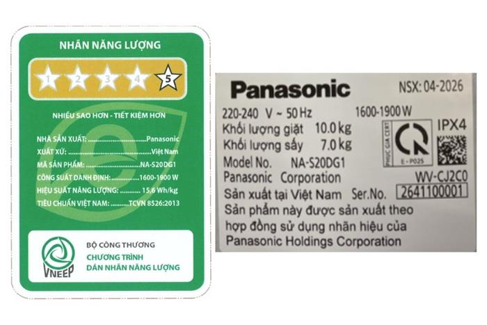 Máy giặt sấy Panasonic Inverter giặt 10 kg - sấy 7 kg NA-S20DG1BVT Màu Đen