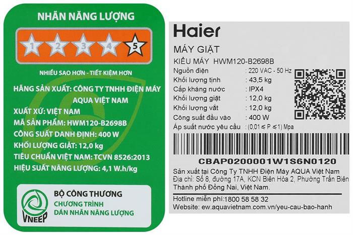 Máy giặt Haier Inverter 12 kg HWM120-B2698B Màu Đen