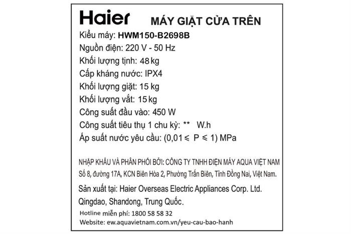 Máy giặt Haier Inverter 15 kg HWM150-B2698B Màu Đen