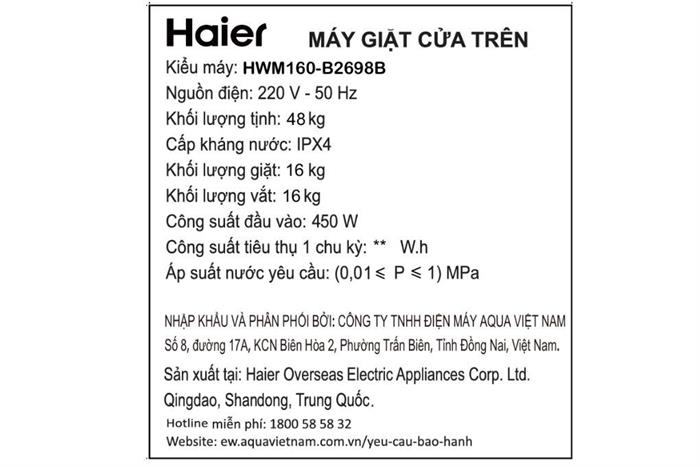 Máy giặt Haier Inverter 16 kg HWM160-B2698B Màu Đen
