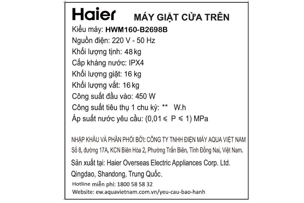 Máy giặt Haier Inverter 16 kg HWM160-B2698B - 16