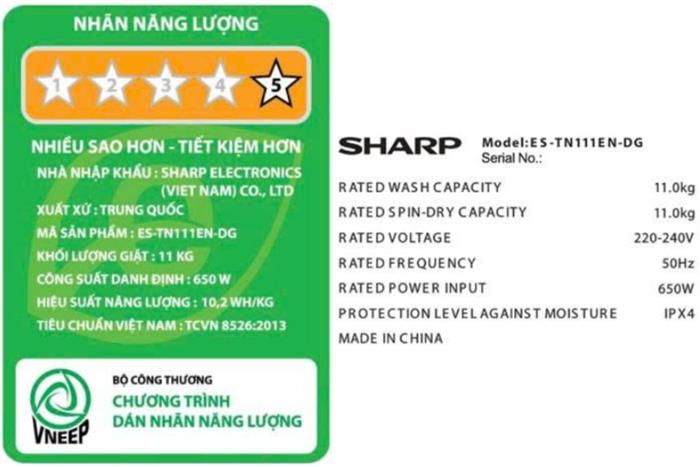Máy giặt Sharp 11 kg ES-TN111EN-DG Màu Xám đậm