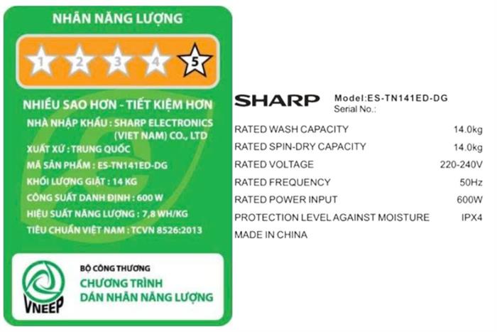 Máy giặt Sharp Inverter 14 kg ES-TN141ED-DG Màu Xám đậm