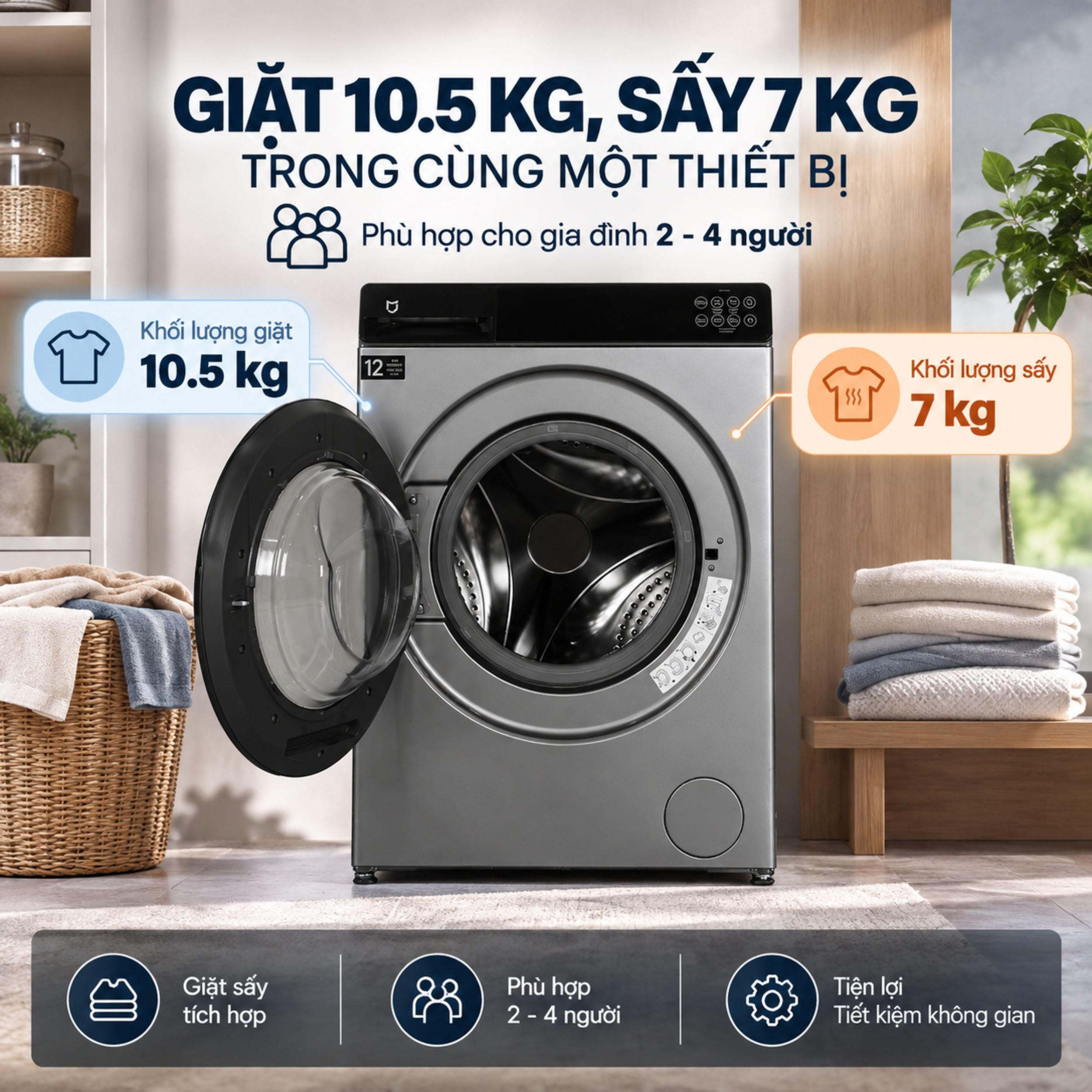 Máy giặt Xiaomi giặt 10.5 kg - sấy 7 kg WD105MJA10VN Màu Đen