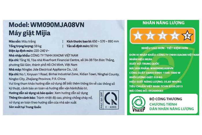 Máy giặt Xiaomi 9kg WM090MJA08VN Màu Trắng
