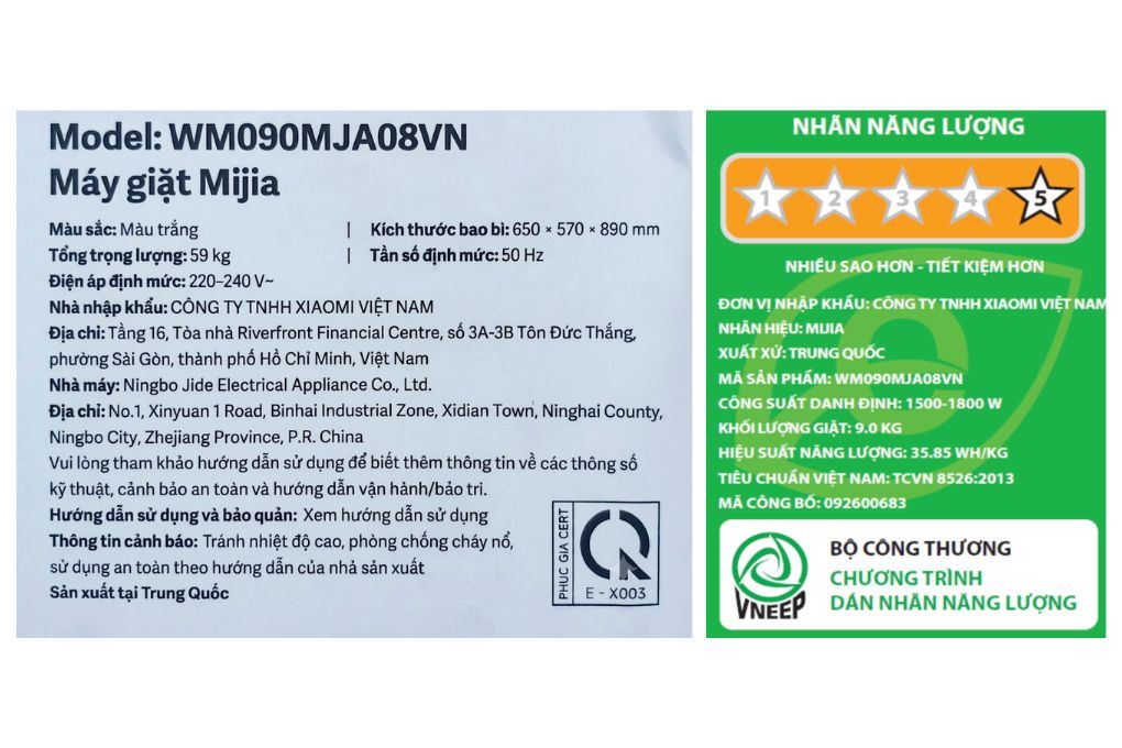 Máy giặt Xiaomi 9kg WM090MJA08VN Màu Trắng