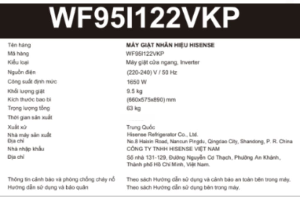Máy giặt Hisense Inverter 9.5 kg WF95I122VKP Màu Đen