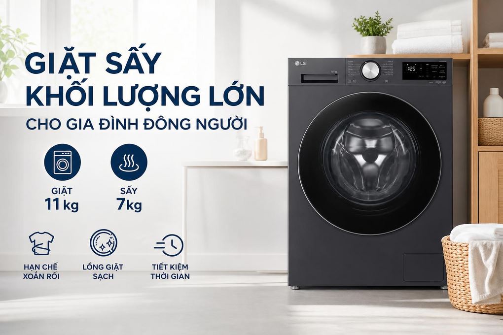 Máy giặt sấy LG Inverter giặt 11 kg - sấy 7 kg FX1411D5G Màu Đen