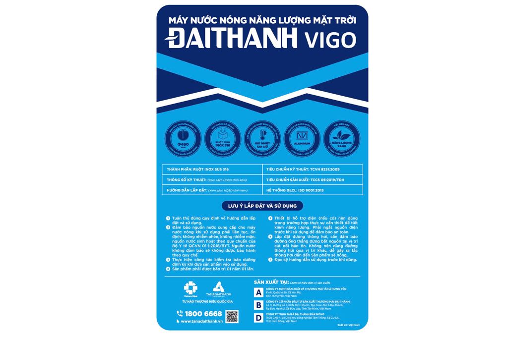 Máy nước nóng năng lượng mặt trời Đại Thành 130 lít Vigo 58-12 Màu Xám