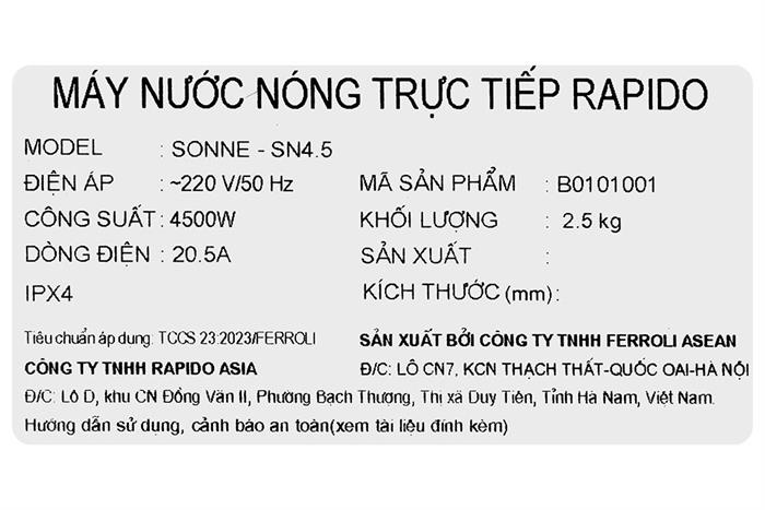 Máy nước nóng trực tiếp Rapido 4500W SONNE - SN4.5 Màu Trắng