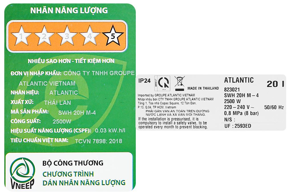 Máy nước nóng gián tiếp Atlantic 20 lít NEO LITE 823021 SWH 20H M-4 Màu Trắng - Xám