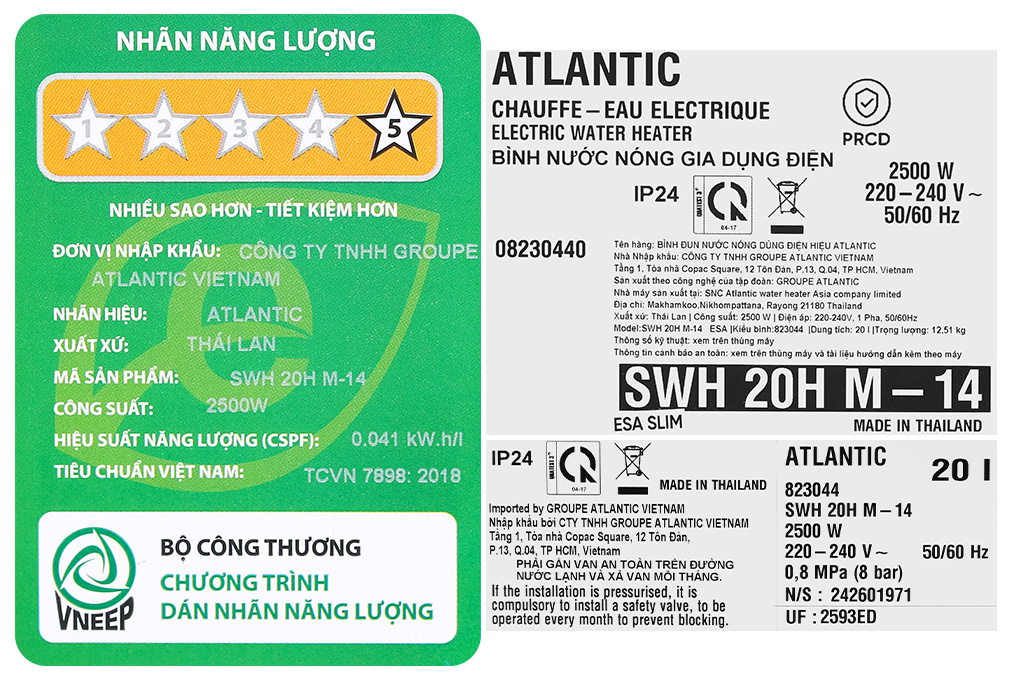 Máy nước nóng gián tiếp Atlantic 20 lít ESA SLIM 823044 SWH 20H M-14 Màu Trắng - Xám