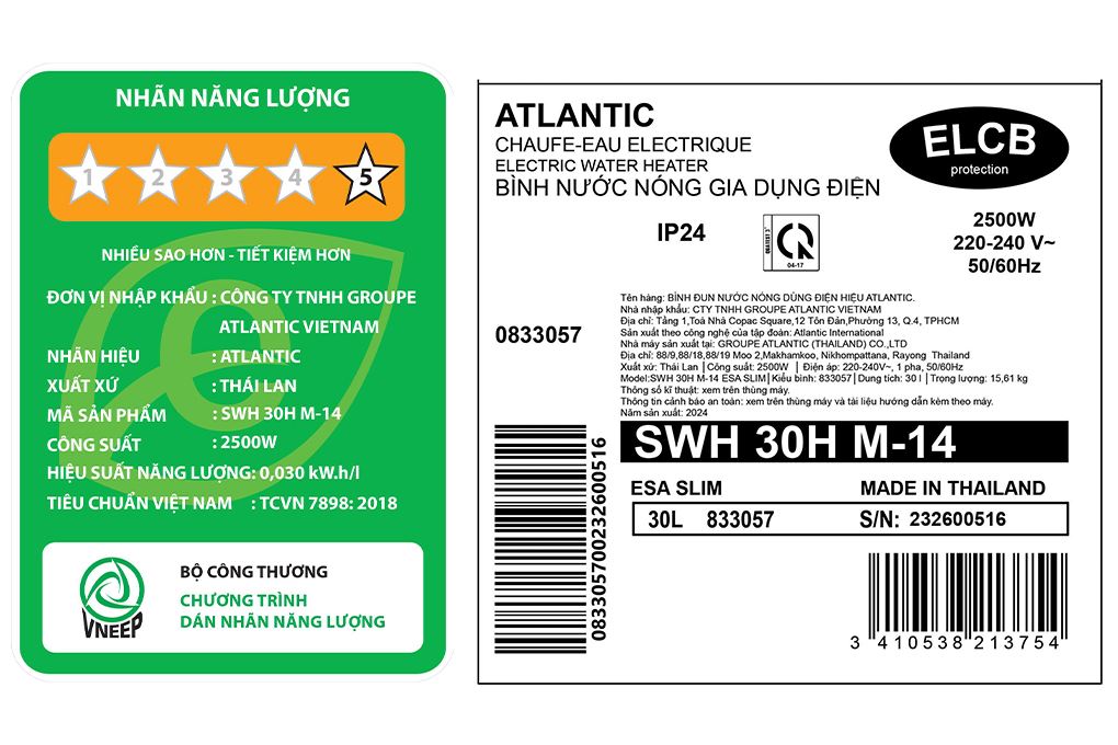 Máy nước nóng gián tiếp Atlantic 30 lít ESA SLIM 833057 SWH 30H M-14 - 7