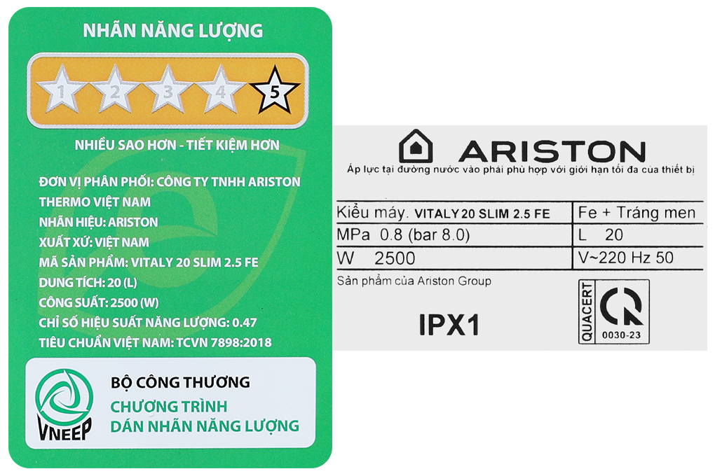 Máy nước nóng gián tiếp Ariston 20 lít 2500W VITALY 20 SLIM 2.5 FE 2024 Màu Trắng