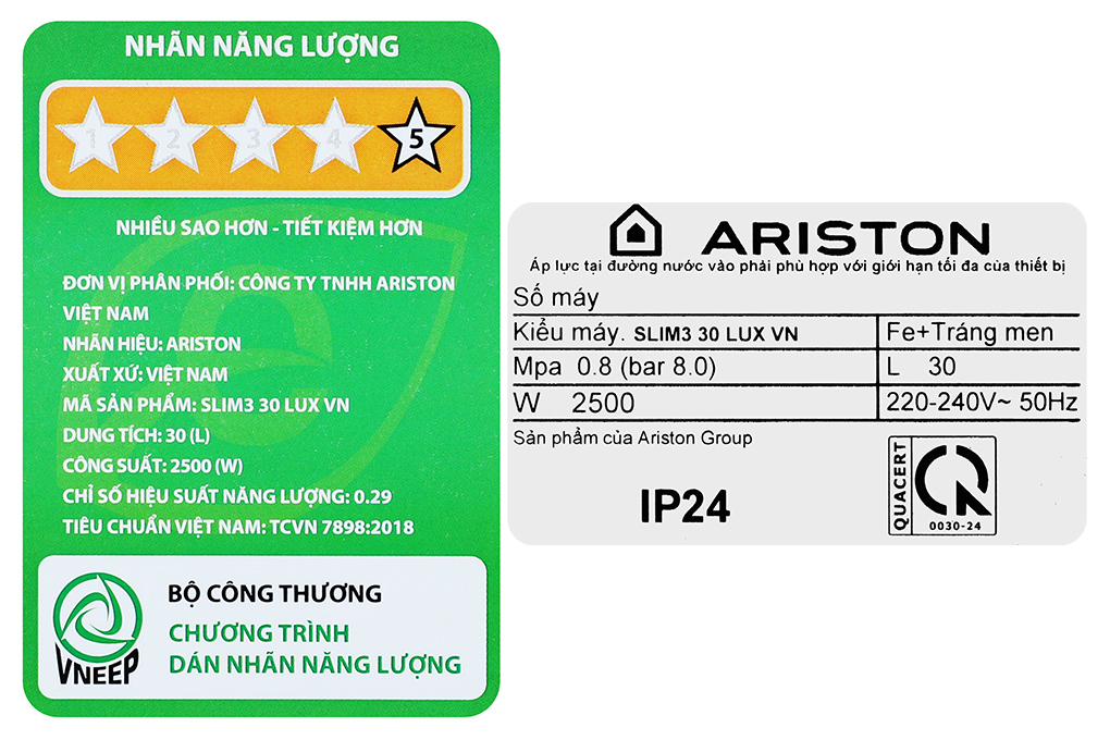 Máy nước nóng gián tiếp Ariston 30 lít 2500W SLIM3 30 LUX Màu Trắng - Đen