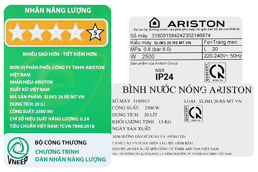 Máy nước nóng gián tiếp Ariston 20 lít 2500W SLIM3 20 RS MT Màu Trắng - vàng đồng
