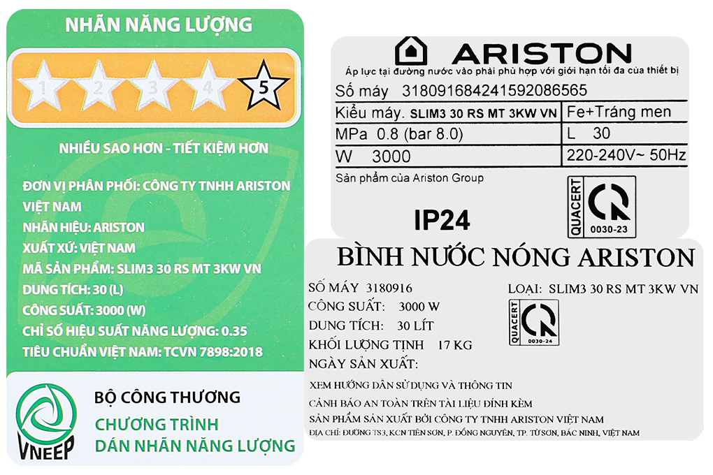 Máy nước nóng gián tiếp Ariston 30 lít 3000W SLIM3 30 RS MT 3KW Màu Trắng - vàng đồng