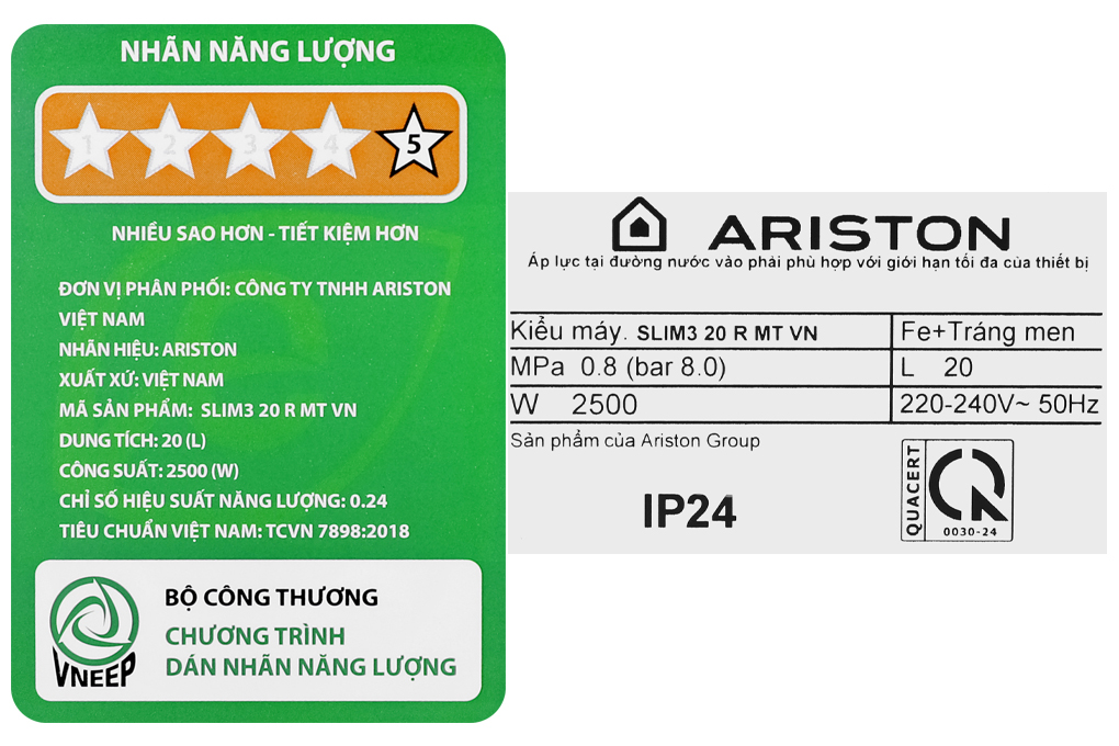Máy nước nóng gián tiếp Ariston 20 lít 2500W SLIM3 20 R MT Màu Trắng