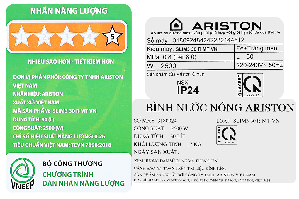 Máy nước nóng gián tiếp Ariston 30 lít 2500W SLIM3 30 R MT Màu Trắng