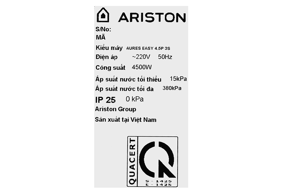 Máy nước nóng trực tiếp Ariston 4500W AURES EASY 4.5P 3S Màu Trắng