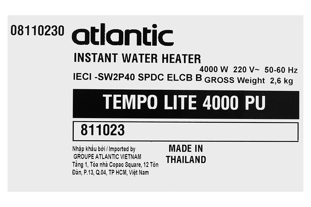 Máy nước nóng trực tiếp Atlantic 4000W Tempo Lite 4000 PU - 811023 Màu Trắng